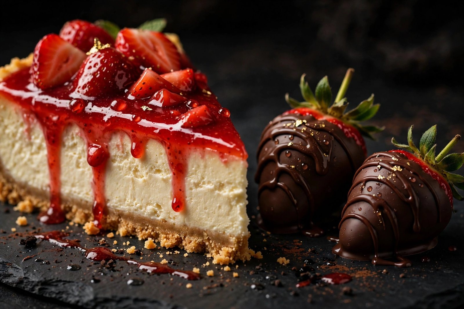 Strawberry cheesecake and chocolate-dipped strawberries