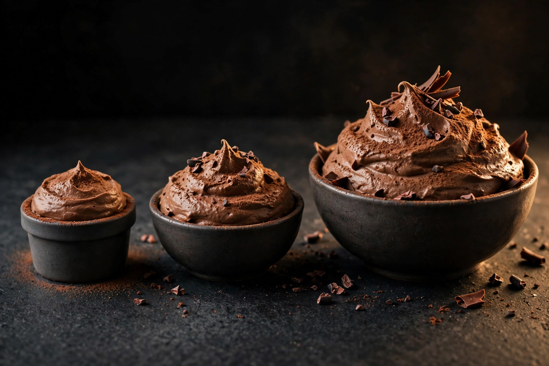 Chocolate mousse in cup, small bowl, and serving bowl sizes