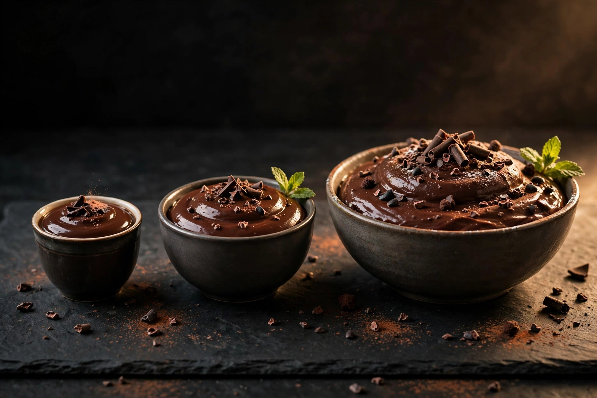 Chocolate pudding in cup, small bowl, and serving bowl sizes